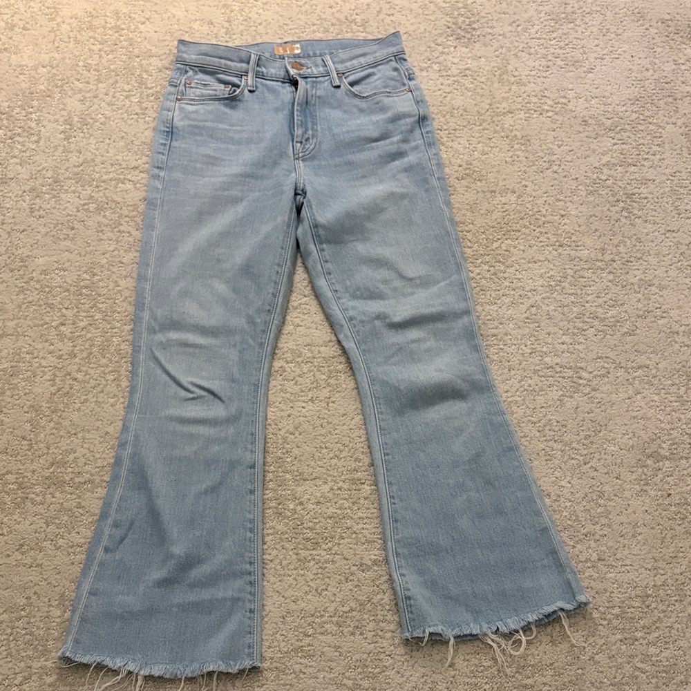 MOTHER Light Blue Flare Jeans with Frayed Hem